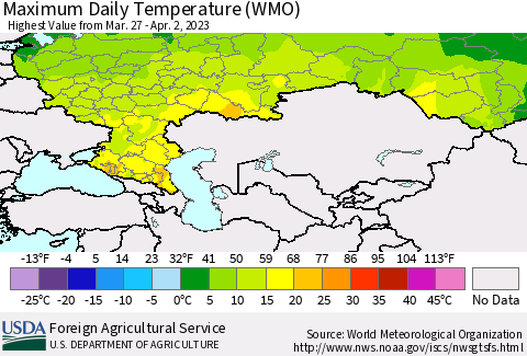 Russian Federation Maximum Daily Temperature (WMO) Thematic Map For 3/27/2023 - 4/2/2023