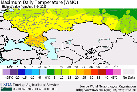 Russian Federation Maximum Daily Temperature (WMO) Thematic Map For 4/3/2023 - 4/9/2023