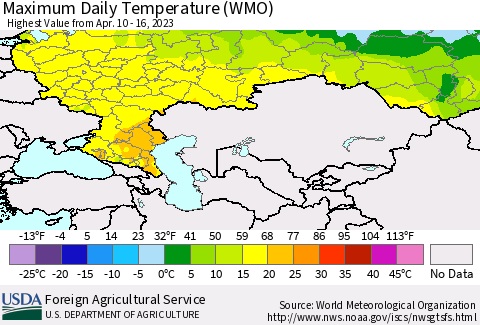 Russian Federation Maximum Daily Temperature (WMO) Thematic Map For 4/10/2023 - 4/16/2023