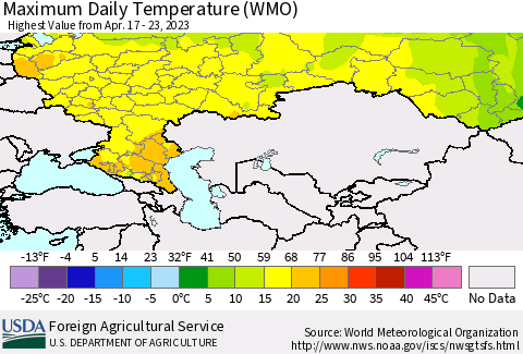 Russian Federation Maximum Daily Temperature (WMO) Thematic Map For 4/17/2023 - 4/23/2023