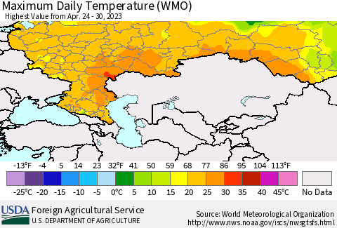 Russian Federation Maximum Daily Temperature (WMO) Thematic Map For 4/24/2023 - 4/30/2023