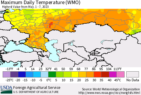 Russian Federation Maximum Daily Temperature (WMO) Thematic Map For 5/1/2023 - 5/7/2023