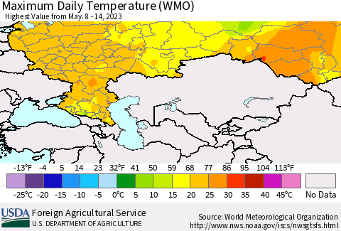Russian Federation Maximum Daily Temperature (WMO) Thematic Map For 5/8/2023 - 5/14/2023