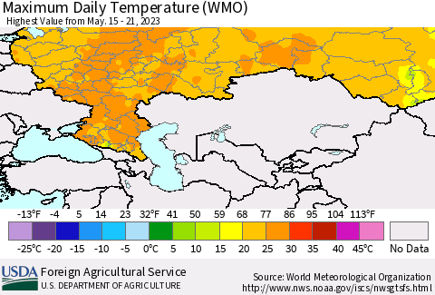 Russian Federation Maximum Daily Temperature (WMO) Thematic Map For 5/15/2023 - 5/21/2023
