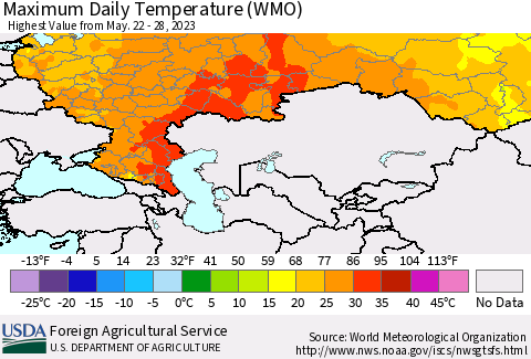 Russian Federation Maximum Daily Temperature (WMO) Thematic Map For 5/22/2023 - 5/28/2023