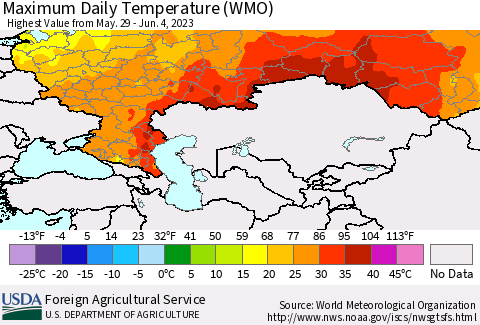 Russian Federation Maximum Daily Temperature (WMO) Thematic Map For 5/29/2023 - 6/4/2023