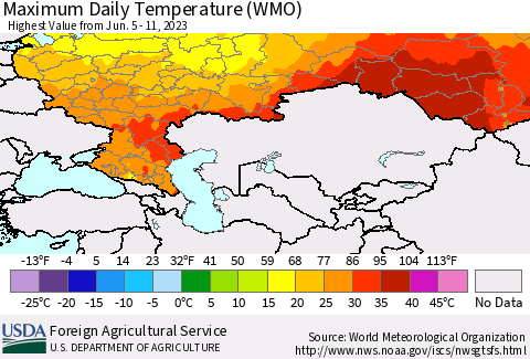 Russian Federation Maximum Daily Temperature (WMO) Thematic Map For 6/5/2023 - 6/11/2023