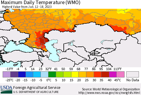 Russian Federation Maximum Daily Temperature (WMO) Thematic Map For 6/12/2023 - 6/18/2023