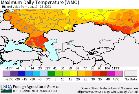 Russian Federation Maximum Daily Temperature (WMO) Thematic Map For 6/19/2023 - 6/25/2023