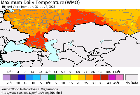 Russian Federation Maximum Daily Temperature (WMO) Thematic Map For 6/26/2023 - 7/2/2023