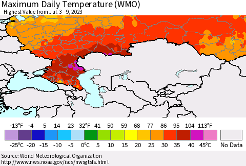 Russian Federation Maximum Daily Temperature (WMO) Thematic Map For 7/3/2023 - 7/9/2023