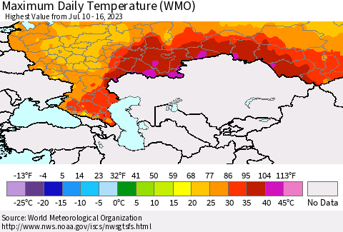 Russian Federation Maximum Daily Temperature (WMO) Thematic Map For 7/10/2023 - 7/16/2023