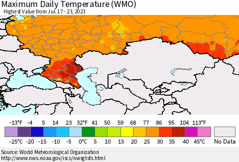 Russian Federation Maximum Daily Temperature (WMO) Thematic Map For 7/17/2023 - 7/23/2023