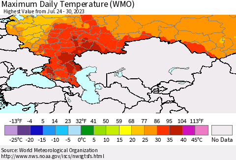 Russian Federation Maximum Daily Temperature (WMO) Thematic Map For 7/24/2023 - 7/30/2023