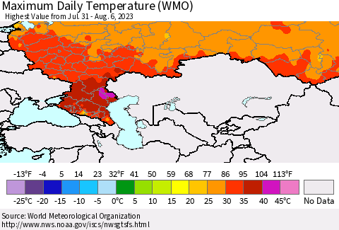 Russian Federation Maximum Daily Temperature (WMO) Thematic Map For 7/31/2023 - 8/6/2023