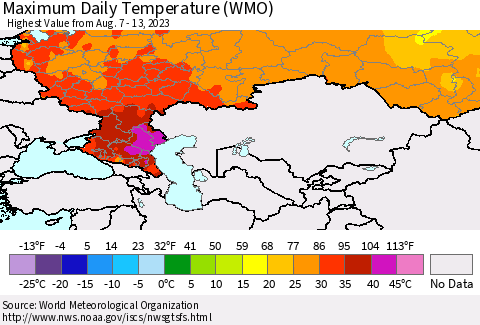 Russian Federation Maximum Daily Temperature (WMO) Thematic Map For 8/7/2023 - 8/13/2023