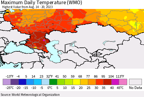 Russian Federation Maximum Daily Temperature (WMO) Thematic Map For 8/14/2023 - 8/20/2023