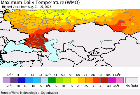 Russian Federation Maximum Daily Temperature (WMO) Thematic Map For 8/21/2023 - 8/27/2023
