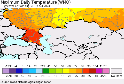 Russian Federation Maximum Daily Temperature (WMO) Thematic Map For 8/28/2023 - 9/3/2023