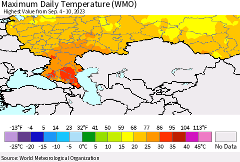 Russian Federation Maximum Daily Temperature (WMO) Thematic Map For 9/4/2023 - 9/10/2023