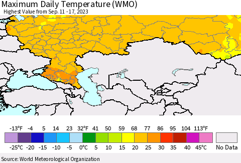 Russian Federation Maximum Daily Temperature (WMO) Thematic Map For 9/11/2023 - 9/17/2023