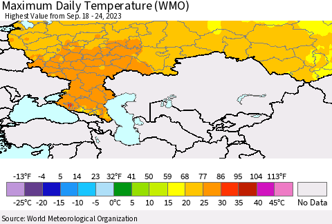 Russian Federation Maximum Daily Temperature (WMO) Thematic Map For 9/18/2023 - 9/24/2023