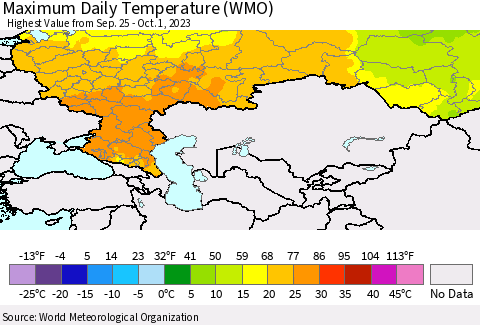 Russian Federation Maximum Daily Temperature (WMO) Thematic Map For 9/25/2023 - 10/1/2023