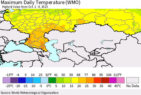 Russian Federation Maximum Daily Temperature (WMO) Thematic Map For 10/2/2023 - 10/8/2023