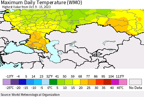 Russian Federation Maximum Daily Temperature (WMO) Thematic Map For 10/9/2023 - 10/15/2023