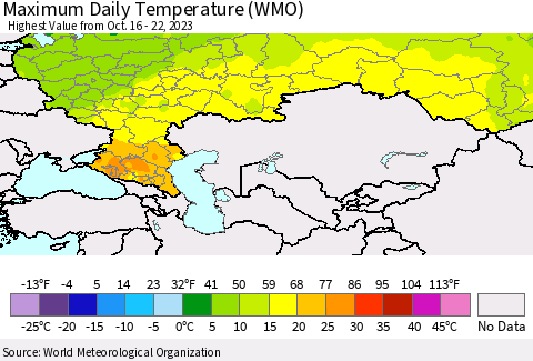 Russian Federation Maximum Daily Temperature (WMO) Thematic Map For 10/16/2023 - 10/22/2023