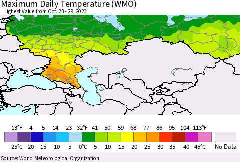 Russian Federation Maximum Daily Temperature (WMO) Thematic Map For 10/23/2023 - 10/29/2023