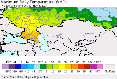 Russian Federation Maximum Daily Temperature (WMO) Thematic Map For 10/30/2023 - 11/5/2023
