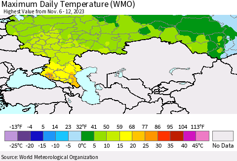Russian Federation Maximum Daily Temperature (WMO) Thematic Map For 11/6/2023 - 11/12/2023