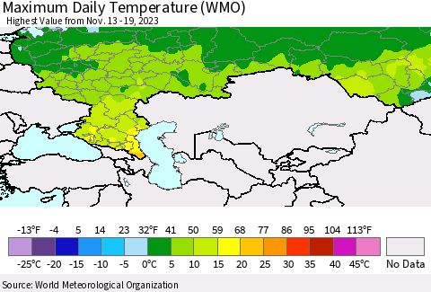 Russian Federation Maximum Daily Temperature (WMO) Thematic Map For 11/13/2023 - 11/19/2023