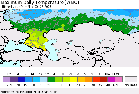 Russian Federation Maximum Daily Temperature (WMO) Thematic Map For 11/20/2023 - 11/26/2023
