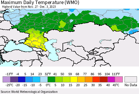 Russian Federation Maximum Daily Temperature (WMO) Thematic Map For 11/27/2023 - 12/3/2023