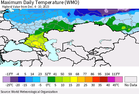 Russian Federation Maximum Daily Temperature (WMO) Thematic Map For 12/4/2023 - 12/10/2023