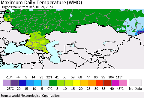 Russian Federation Maximum Daily Temperature (WMO) Thematic Map For 12/18/2023 - 12/24/2023