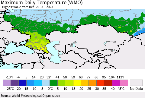 Russian Federation Maximum Daily Temperature (WMO) Thematic Map For 12/25/2023 - 12/31/2023