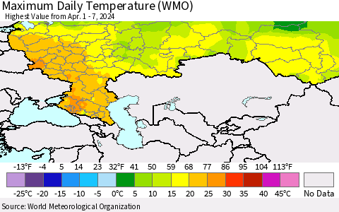 Russian Federation Maximum Daily Temperature (WMO) Thematic Map For 4/1/2024 - 4/7/2024