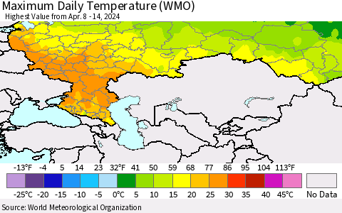 Russian Federation Maximum Daily Temperature (WMO) Thematic Map For 4/8/2024 - 4/14/2024