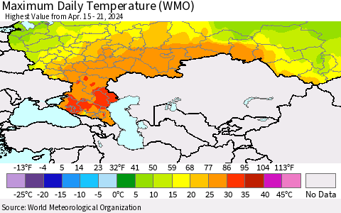 Russian Federation Maximum Daily Temperature (WMO) Thematic Map For 4/15/2024 - 4/21/2024