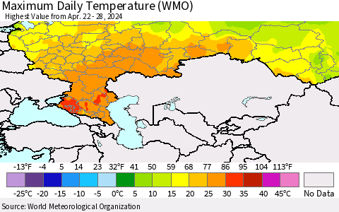 Russian Federation Maximum Daily Temperature (WMO) Thematic Map For 4/22/2024 - 4/28/2024