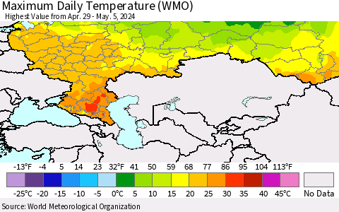 Russian Federation Maximum Daily Temperature (WMO) Thematic Map For 4/29/2024 - 5/5/2024