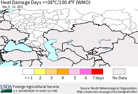 Russian Federation Heat Damage Days >=38°C/100°F (WMO) Thematic Map For 9/6/2021 - 9/12/2021