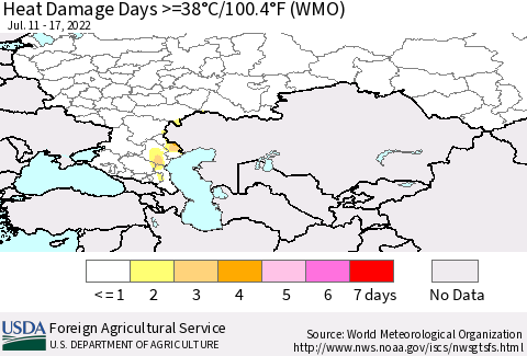 Russian Federation Heat Damage Days >=38°C/100°F (WMO) Thematic Map For 7/11/2022 - 7/17/2022