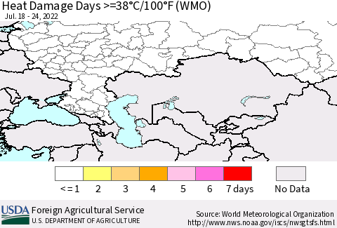 Russian Federation Heat Damage Days >=38°C/100°F (WMO) Thematic Map For 7/18/2022 - 7/24/2022