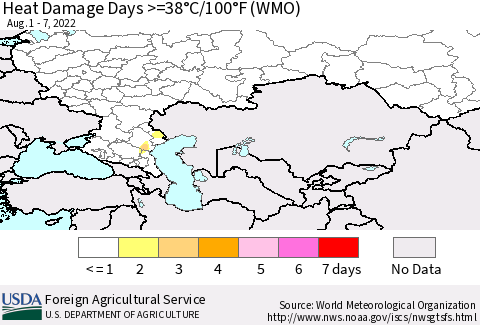 Russian Federation Heat Damage Days >=38°C/100°F (WMO) Thematic Map For 8/1/2022 - 8/7/2022