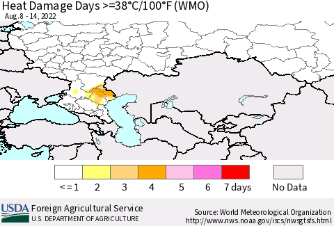 Russian Federation Heat Damage Days >=38°C/100°F (WMO) Thematic Map For 8/8/2022 - 8/14/2022