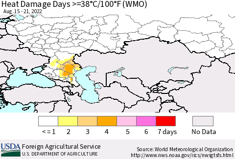 Russian Federation Heat Damage Days >=38°C/100°F (WMO) Thematic Map For 8/15/2022 - 8/21/2022
